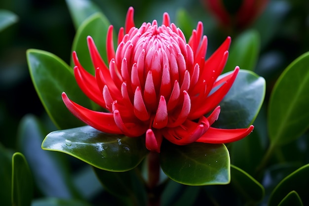 Wonderful red fresh flower between green leaves