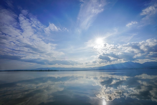 Wonderful reflexion mirror between sky cloud sunshine and sea representative like paradise