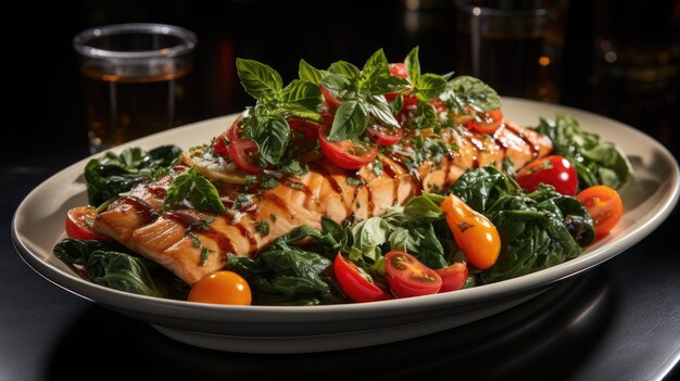 A wonderful salmon filet with red bell pepper vegetables is served on a white dish a highangle sh