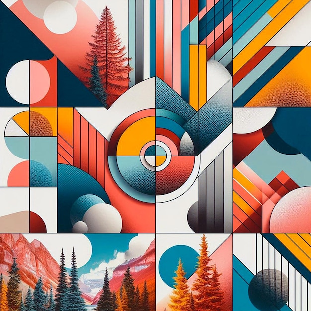 a wonderful series of colorful squares with trees and mountains