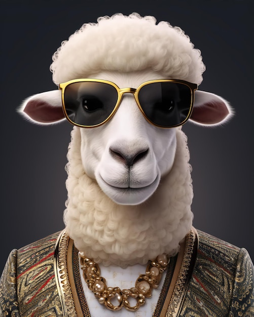 Wonderful sheep portrait wearing clothes glasses and jacket standing in front