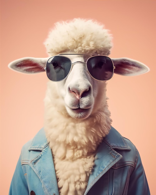 Wonderful sheep portrait wearing clothes glasses and jacket standing in front