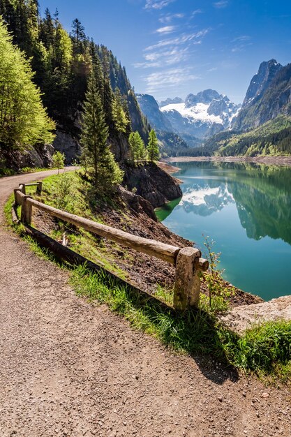 Wonderful sunrise at Gosausee lake in Gosau Alps Austria