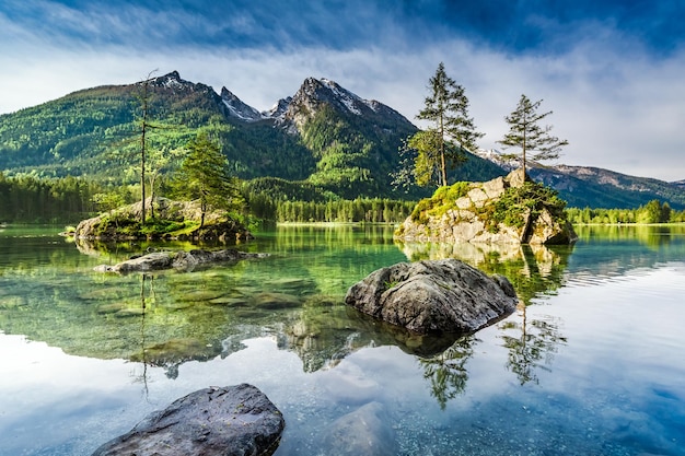 Wonderful sunrise at Hintersee lake in Alps Germany Europe