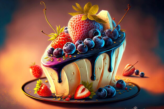 Wonderful sweet dessert with berries and fruits in form of pavlov dessert