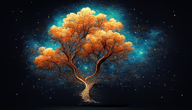 Wonderful The tree in the night sky 3d illustration 3D graphics 3d rendering Detailed colored Generative Ai