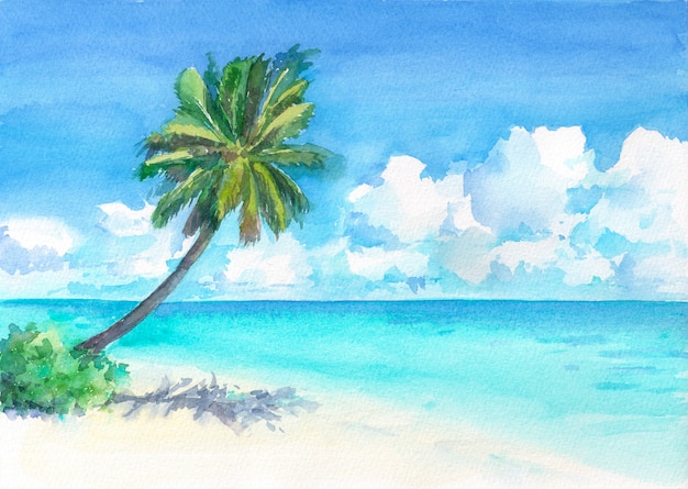 Wonderful tropical beach with palm tree. Watercolor hand drawn illustration.