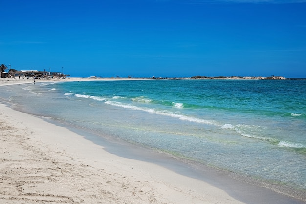 wonderful view of the lagoon seashore white sand beach and blue sea. djerba island. tunisia