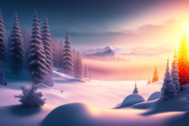 Wonderful winter landscape sunset scene with snow covered trees