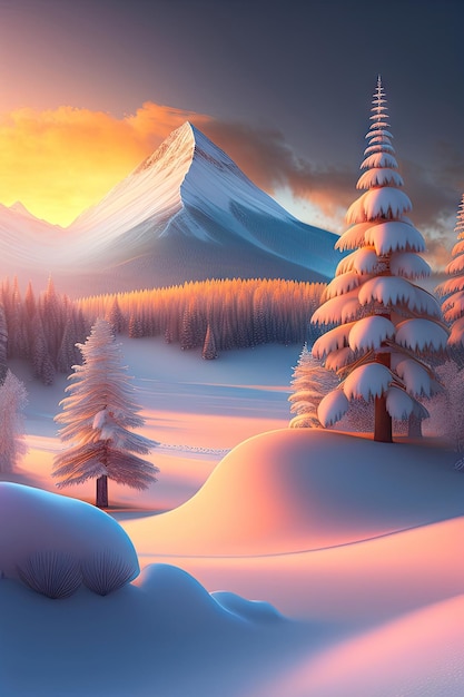 Wonderful winter landscape a sunset scene with snowy trees