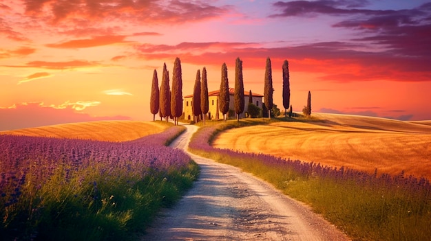 Wonderfully beautiful Tuscan sunset scenery in the summer Generative AI