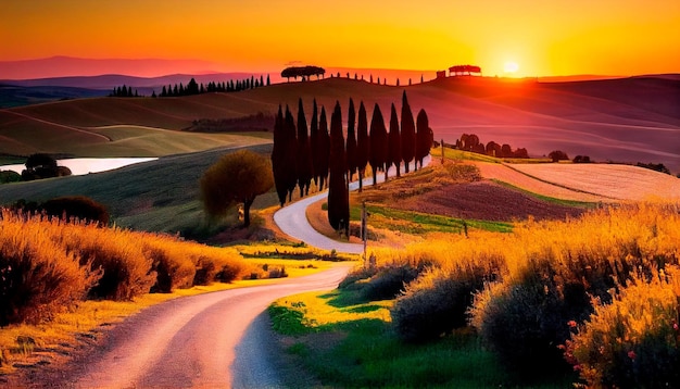 Wonderfully beautiful Tuscan sunset scenery in the summer Stunning flower filled grain fields and a meandering country road lined with cypress trees at dusk Asciano Generative AI