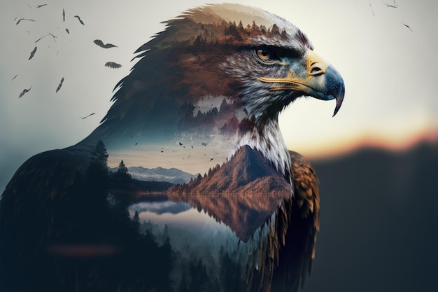 Wondrous bird of of prey eagle portrait with double exposure nature background