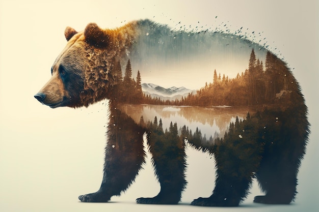 Wondrous brown grizzly bear in double exposure with natural taiga forest