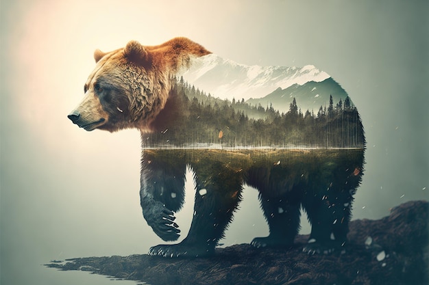 Wondrous brown grizzly bear in double exposure with natural taiga forest