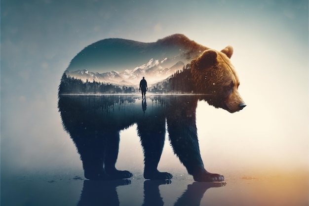 Wondrous brown grizzly bear in double exposure with natural taiga forest