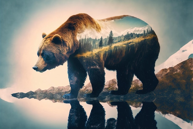 Wondrous brown grizzly bear in double exposure with natural taiga forest