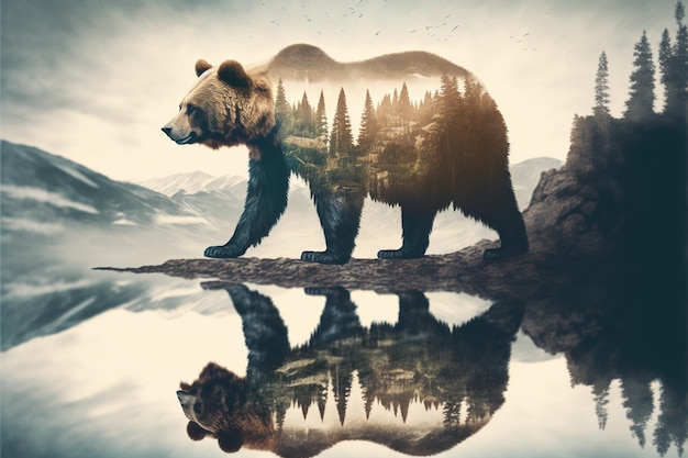 Wondrous brown grizzly bear in double exposure with natural taiga forest