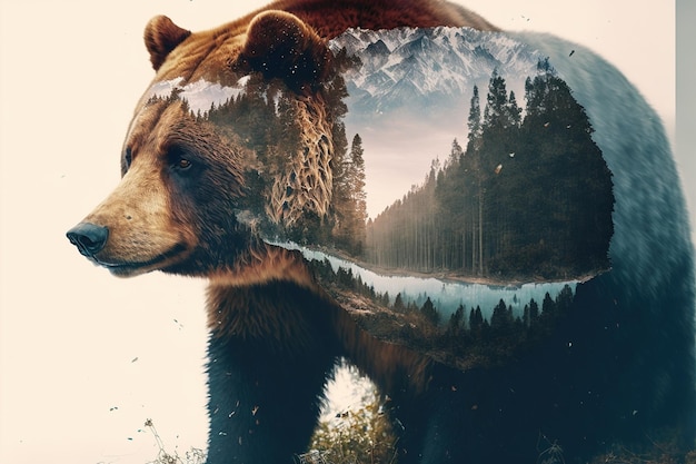 Wondrous brown grizzly bear in double exposure with natural taiga forest