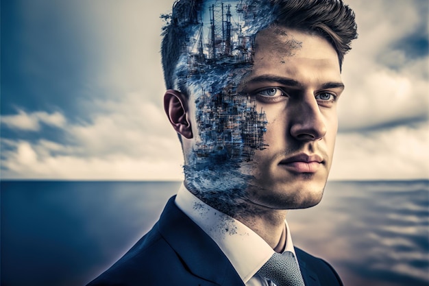 Wondrous businessman portrait and offshore oil rig double exposure