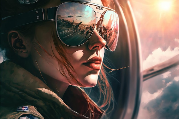 Wondrous closeup portrait of female pilot with reflective sunglasses against sky