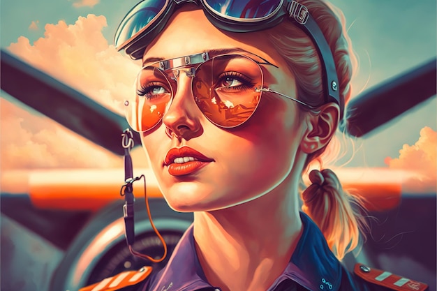 Wondrous closeup portrait of female pilot with reflective sunglasses against sky