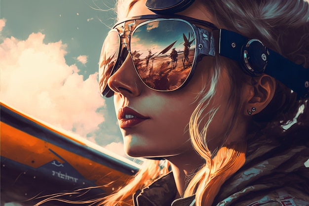 Wondrous closeup portrait of female pilot with reflective sunglasses against sky