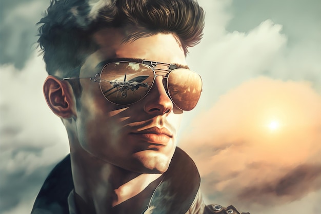 Wondrous closeup portrait of male pilot with reflective sunglasses against sky