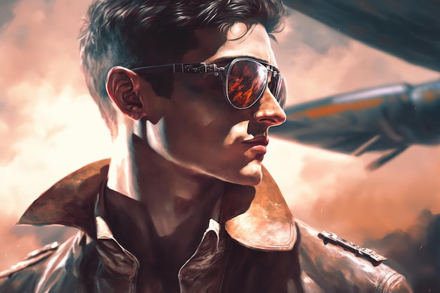 Wondrous closeup portrait of male pilot with reflective sunglasses against sky