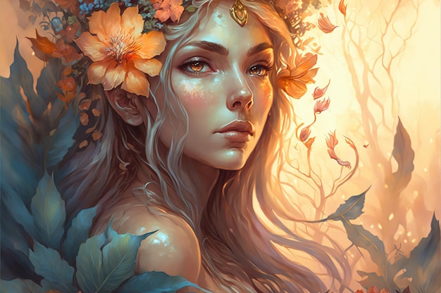 Wondrous fantasy portrait of goddess wood elf princess wearing flowery wreath