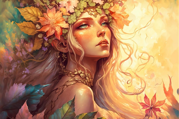 Wondrous fantasy portrait of goddess wood elf princess wearing flowery wreath