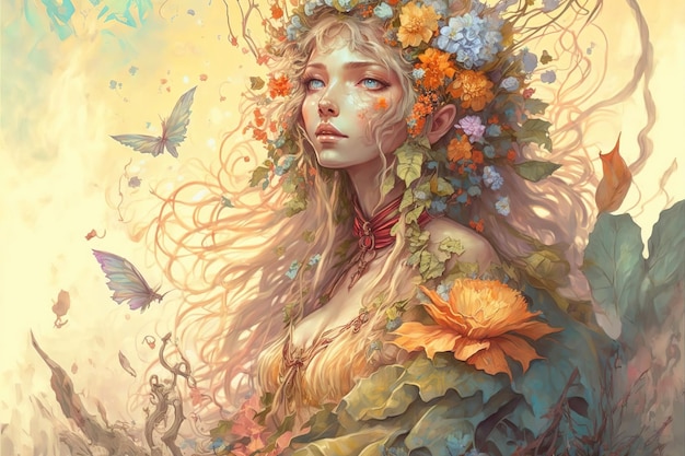 Wondrous fantasy portrait of goddess wood elf princess wearing flowery wreath