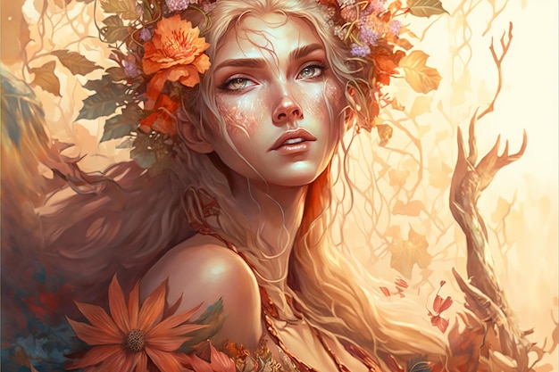 Wondrous fantasy portrait of goddess wood elf princess wearing flowery wreath