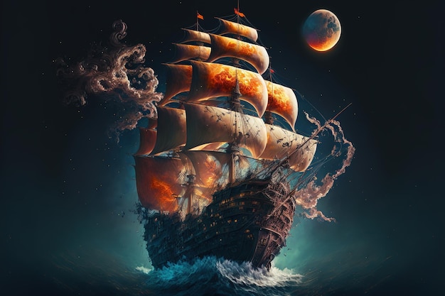 Wondrous fantasy sailing ship travel through cosmical space and ocean wave