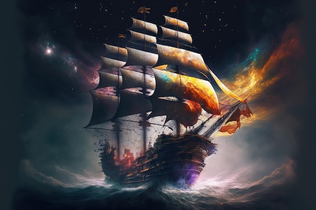 Wondrous fantasy sailing ship travel through cosmical space and ocean wave