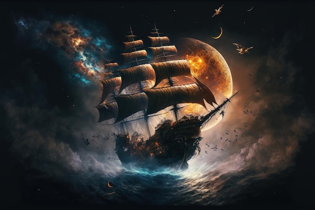 Wondrous fantasy sailing ship travel through cosmical space and ocean wave