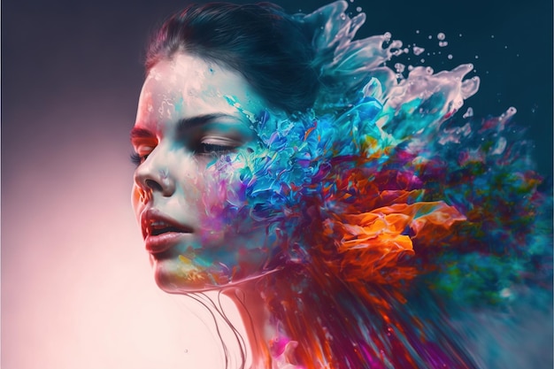 Wondrous illustration portrait dissolving in to iridescent liquid color