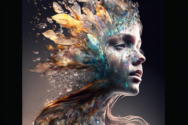 Wondrous illustration portrait dissolving in to iridescent liquid color