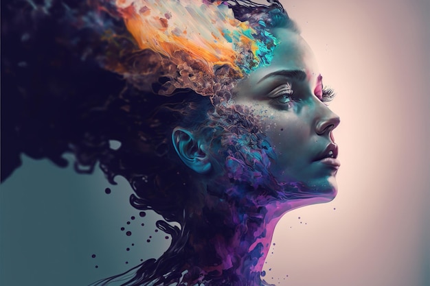 Wondrous illustration portrait dissolving in to iridescent liquid color