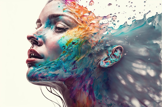 Wondrous illustration portrait dissolving in to iridescent liquid color