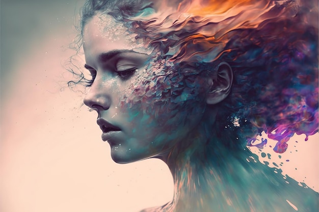 Wondrous illustration portrait dissolving in to iridescent liquid color