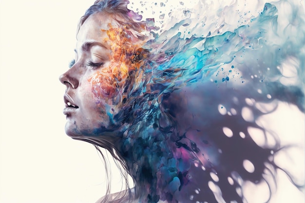 Wondrous illustration portrait dissolving in to iridescent liquid color