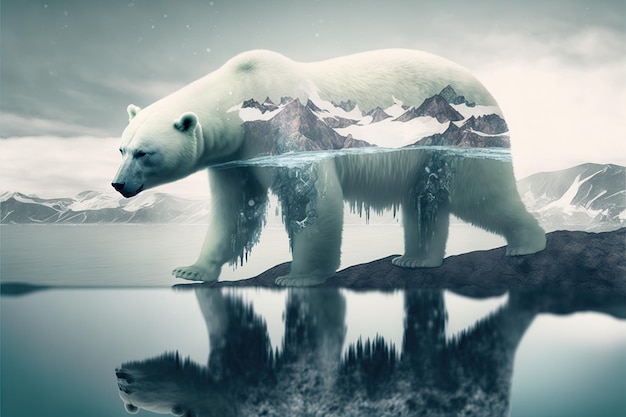 Wondrous image shown by polar bear suffer from climate change in double exposure