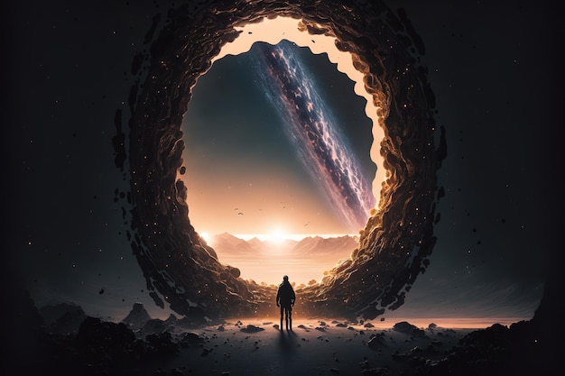 Wondrous image of spaceman travel through stargate with scifi landscape