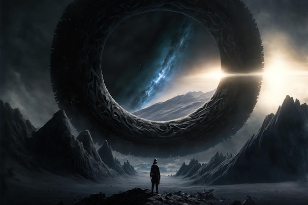 Wondrous image of spaceman travel through stargate with scifi landscape