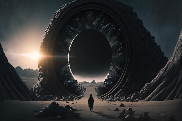 Wondrous image of spaceman travel through stargate with scifi landscape