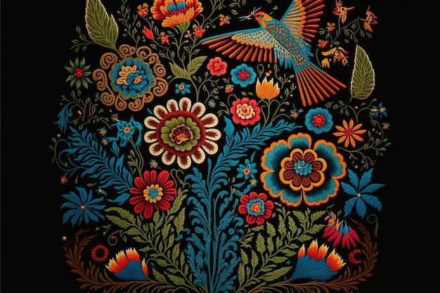 Wondrous Mexican embroidery textile features with birds and flowers pattern