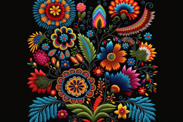 Wondrous Mexican embroidery with colorful flower pattern textile