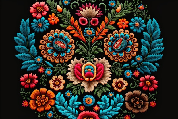 Wondrous Mexican embroidery with colorful flower pattern textile