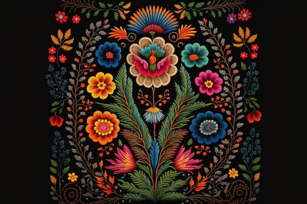 Wondrous Mexican embroidery with colorful flower pattern textile